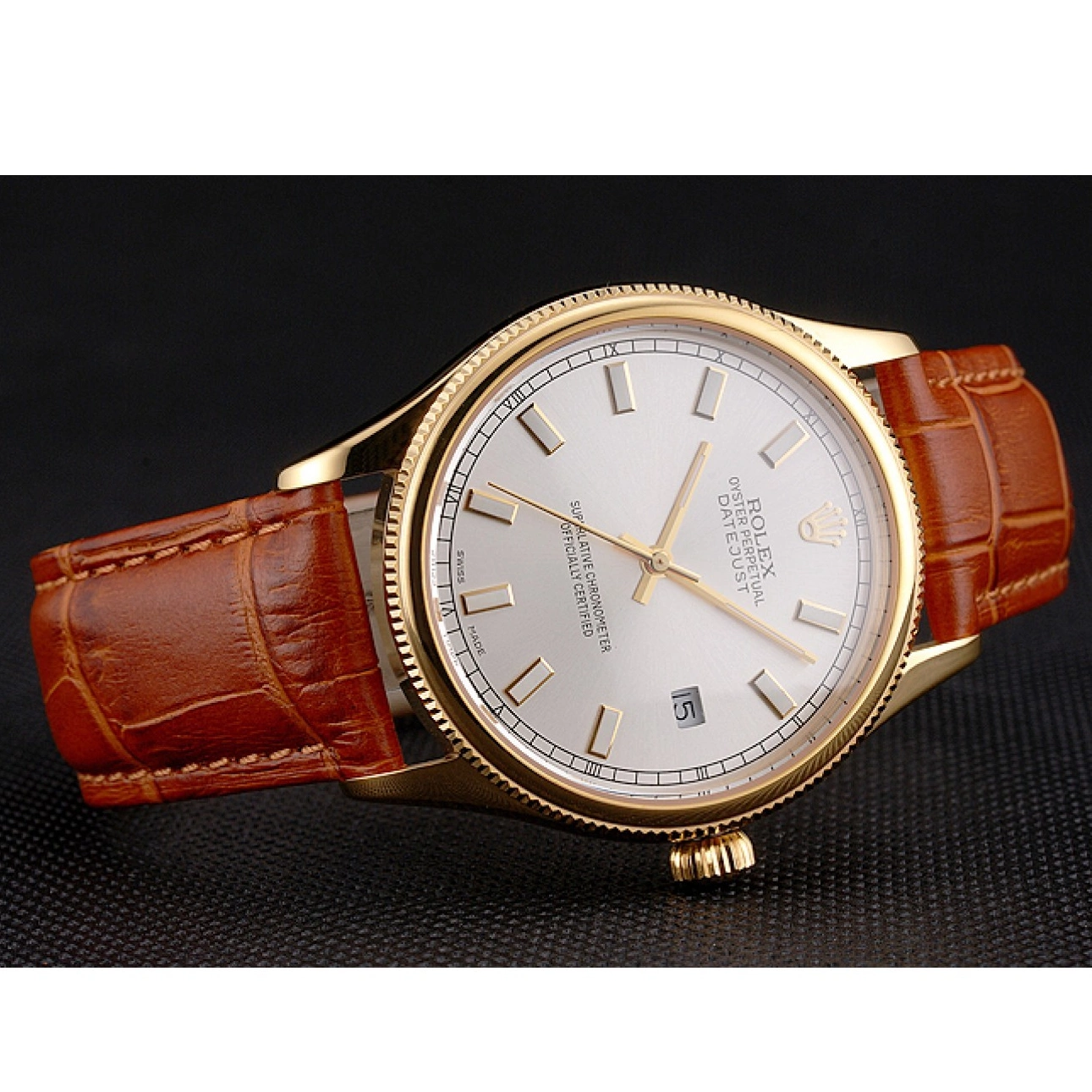 Aaa fake watches Dial Brown Rolex Swiss Strap Gold Case Light Datejust White Leather 0630